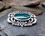 Vintage Celtic SILVER Brooch - with Green Agate - Malachite - 10.6g
