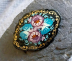 Russian Lacquer Art Brooch with Lilac and Blue Flowers 7.5g