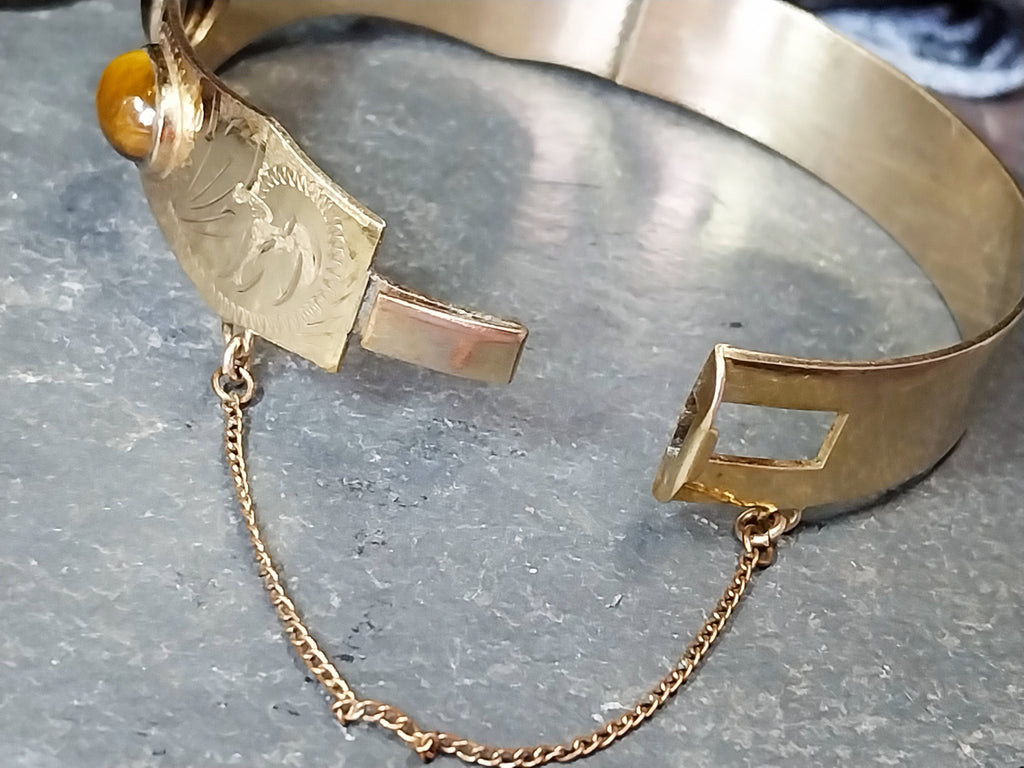 Vintage 12ct Rolled Gold Tigers Eye BANGLE Bracelet - Excalibur - 24.2g