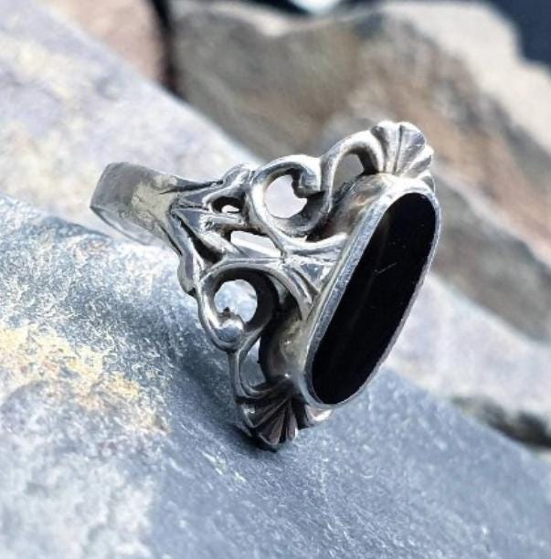 SILVER ONYX RING - Jet Black Stone - Size uk M ( usa 6.5) - 3.2g