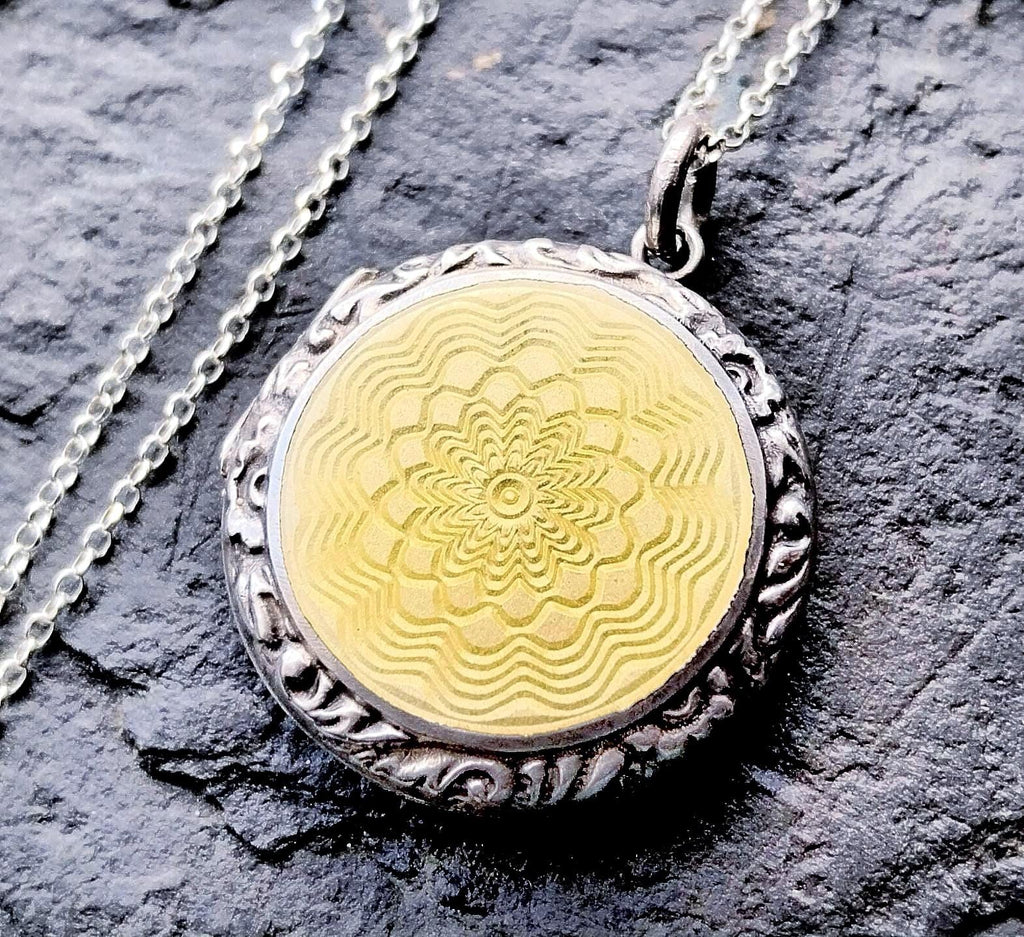 Sunflower Yellow Enamel Guilloché Locket Sterling Silver & 18" chain - 9.8g