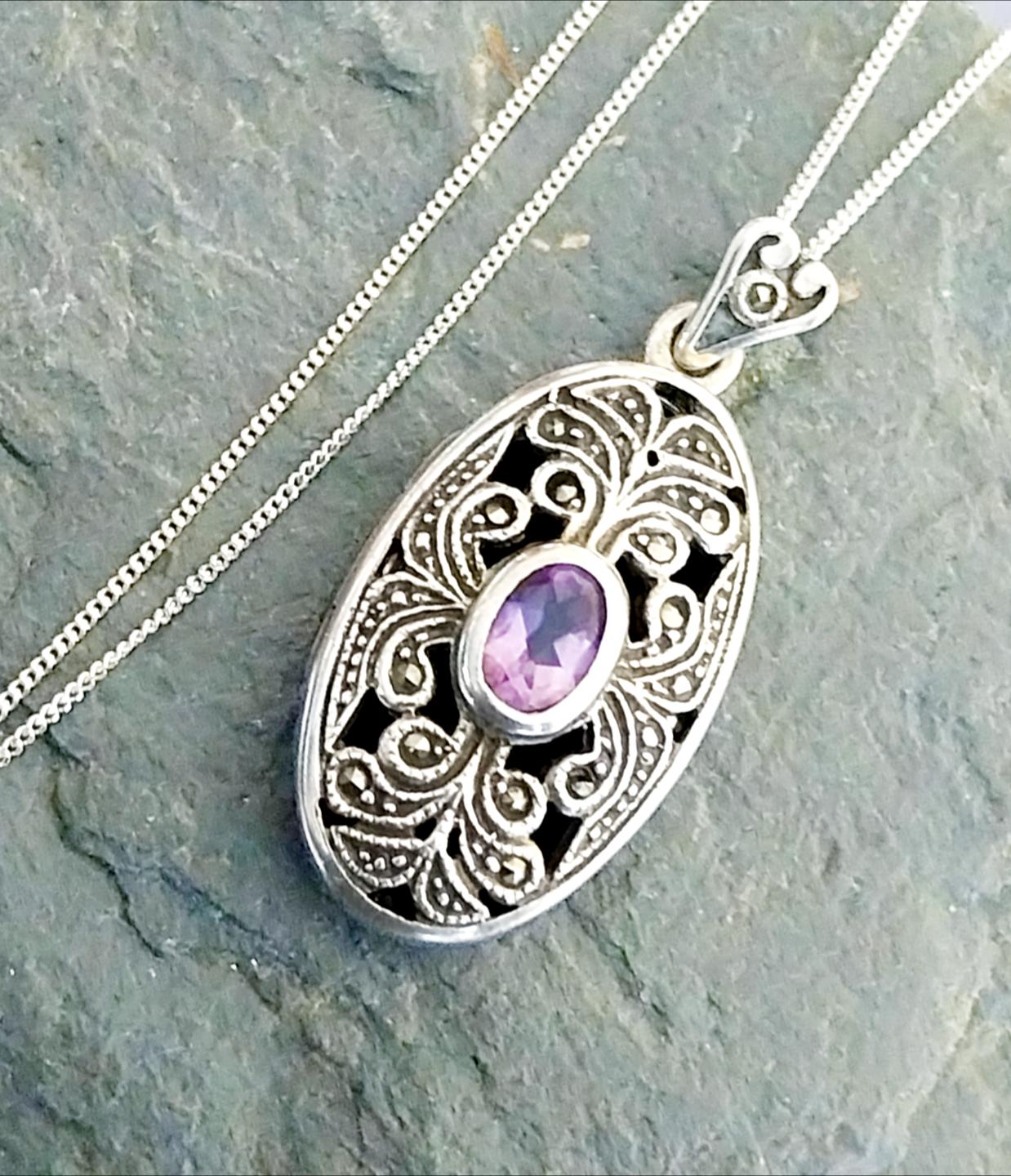 Vintage STERLING SILVER LOCKET with Amethyst Gemstone on 18" Chain - 11.1g