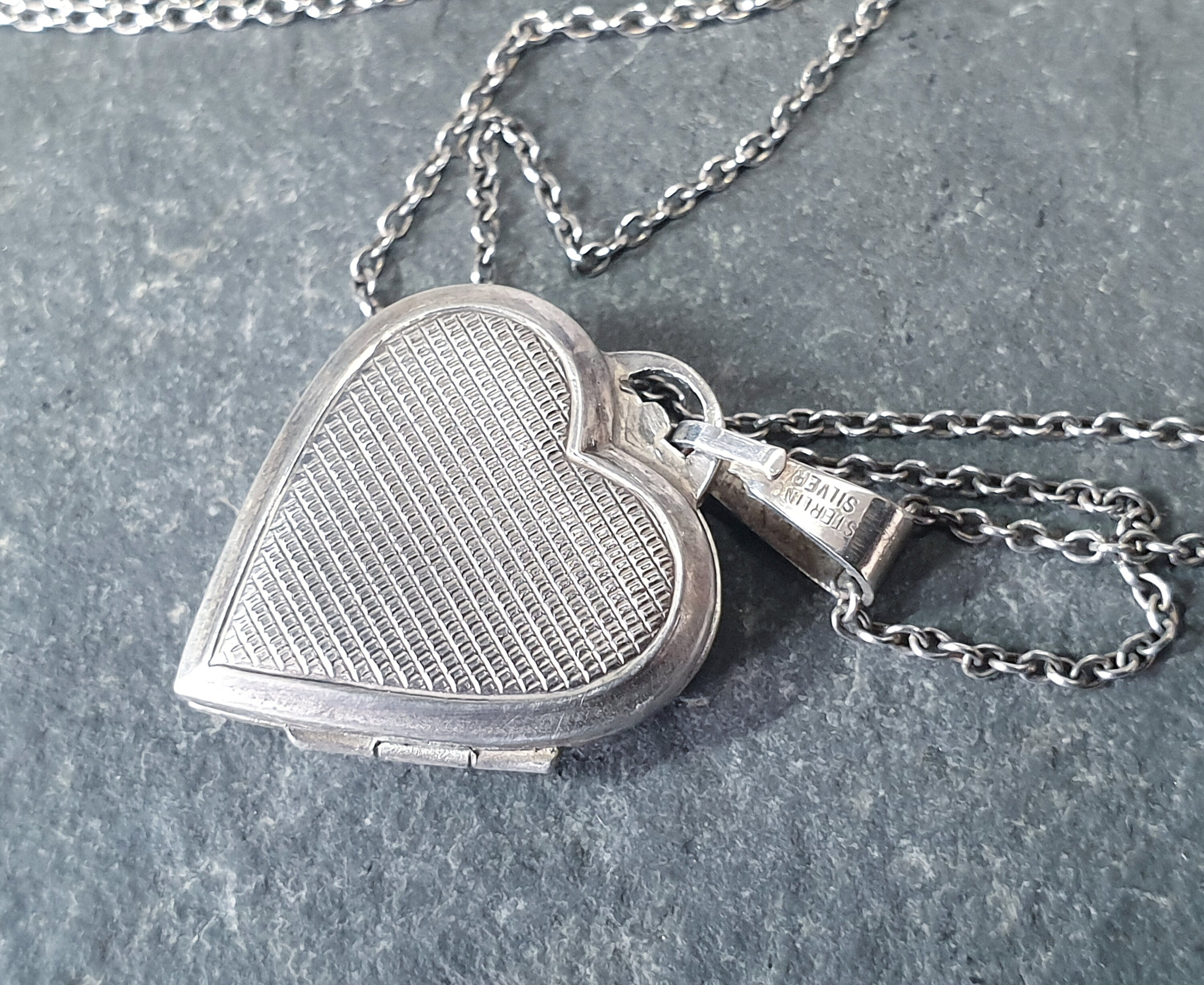 Vtg Sterling Silver Heart Locket -  Geometric Design on 19" Chain - 6.2g