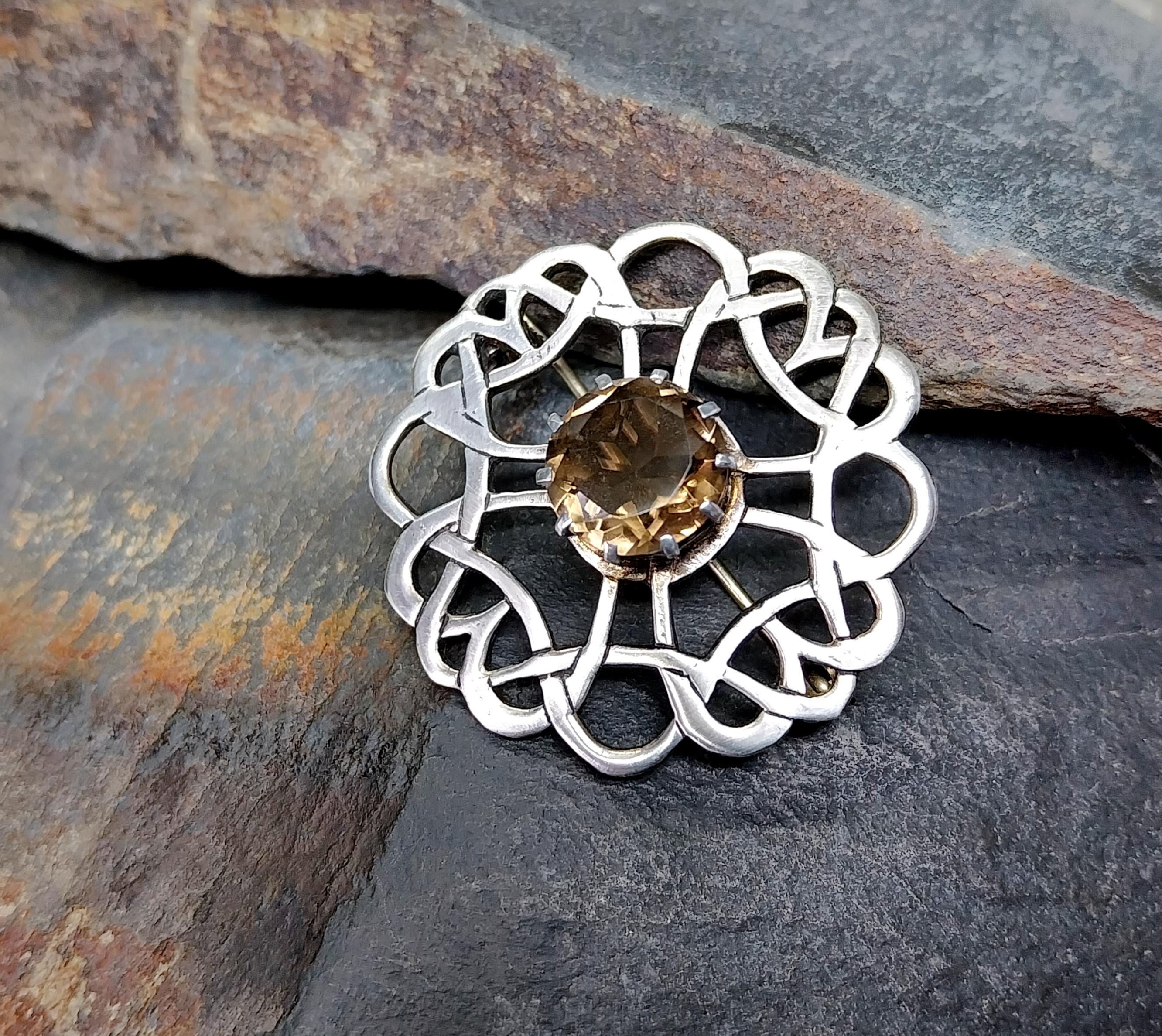 Vintage Smokey Quartz Brooch - Celtic Shawl Pin - 8.1g