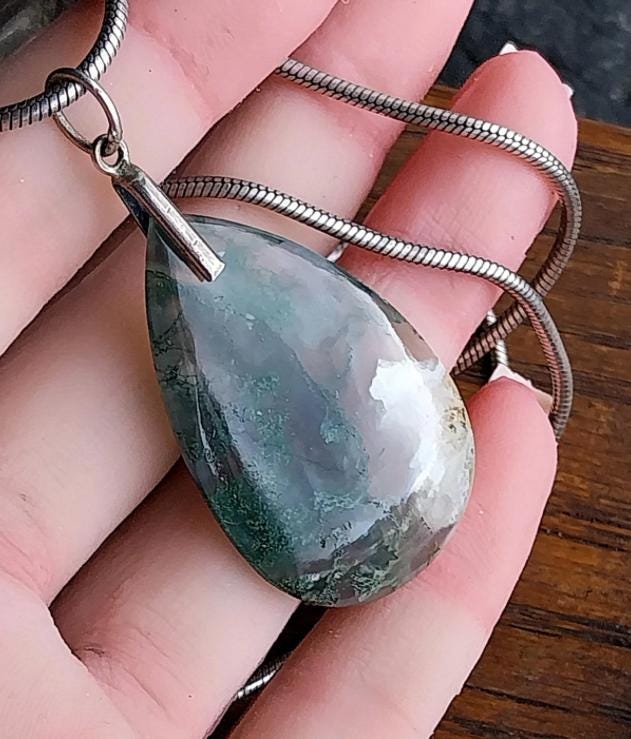 Large Moss Agate Teardrop Pendant Necklace on 20" Chain - 21.2g