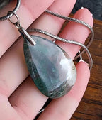 Large Moss Agate Teardrop Pendant Necklace on 20" Chain - 21.2g