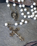 Vintage Milky White ROSARY Beads - Small Vintage Old Prayer Beads and crucifix - 28" 17g