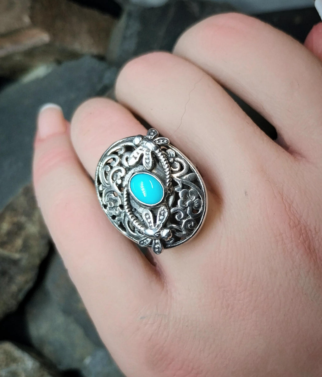Sterling Silver TURQUOISE RING with dragonflies -  uk size N  (us 7) - 10.3g