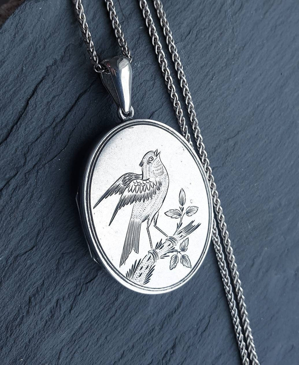 Victorian Sterling Silver SONGBIRD LOCKET - c1879 Horace Woodward with 22" Chain - 20.7g