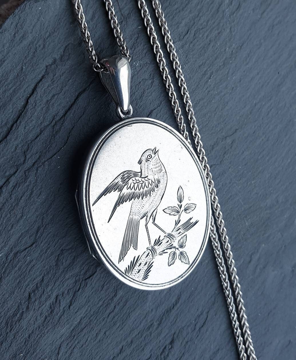 Victorian Sterling Silver SONGBIRD LOCKET - c1879 Horace Woodward with 22" Chain - 20.7g