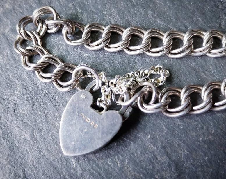 Vintage SILVER Double LINK BRACELET with Padlock Lock Clasp c 1980 - 17cm - 13.7g
