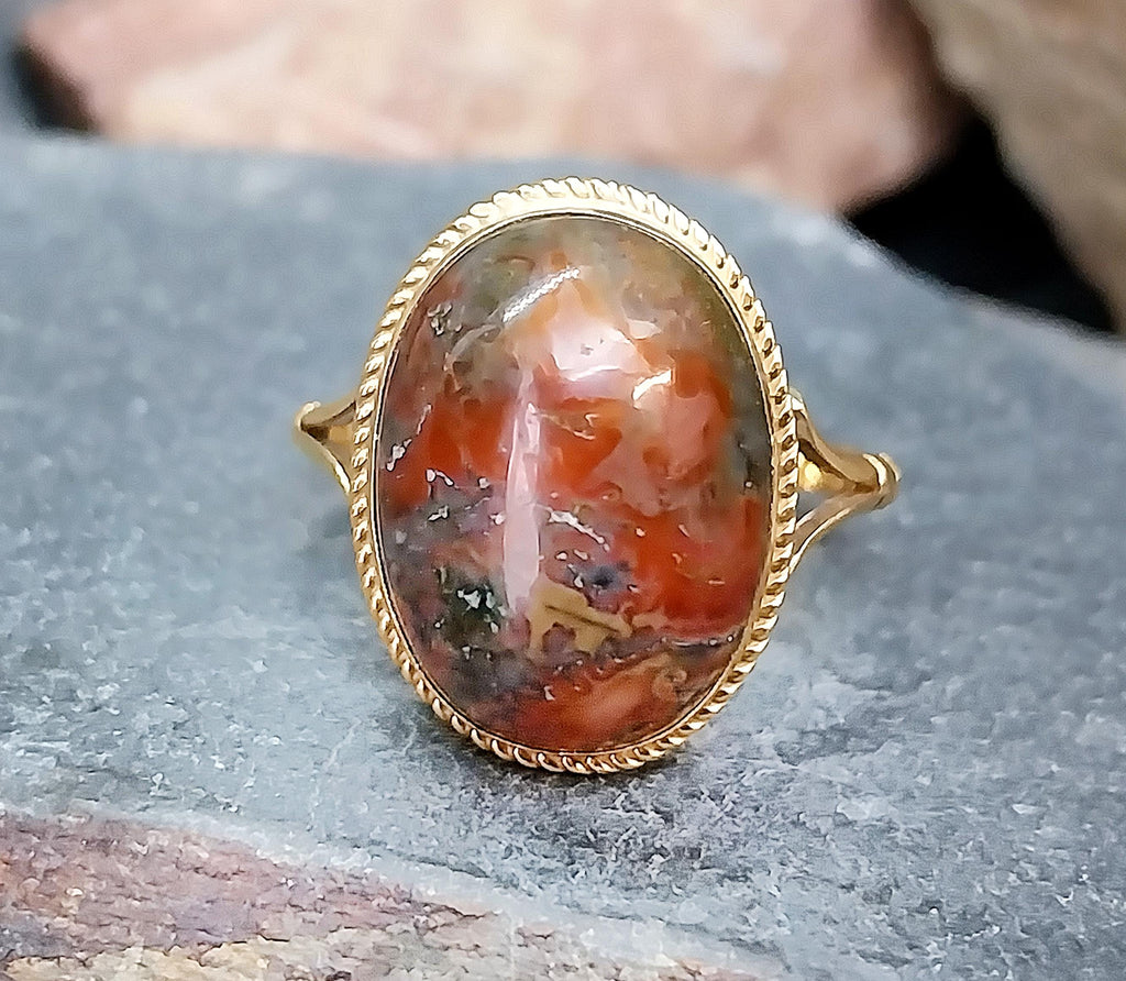 Vintage 9ct Gold MOSS AGATE Ring - Dendritic - Size uk Q (us 8) - 3.4g