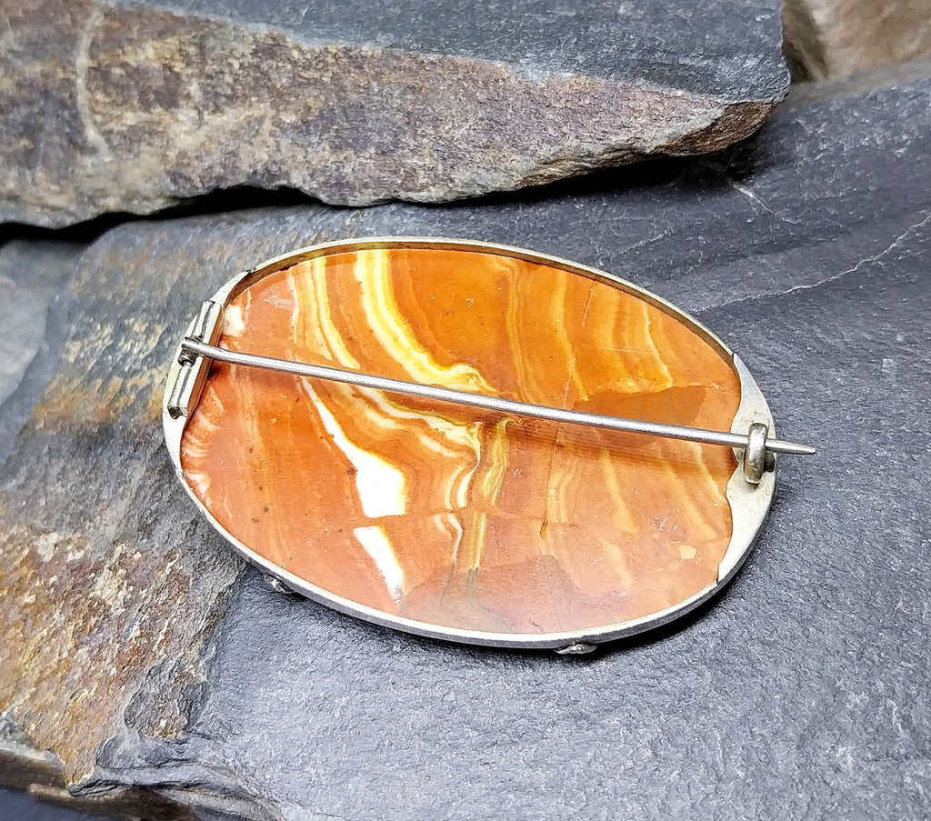 Large Antique Silver Bright Orange Landscape Agate Brooch - 14.9g