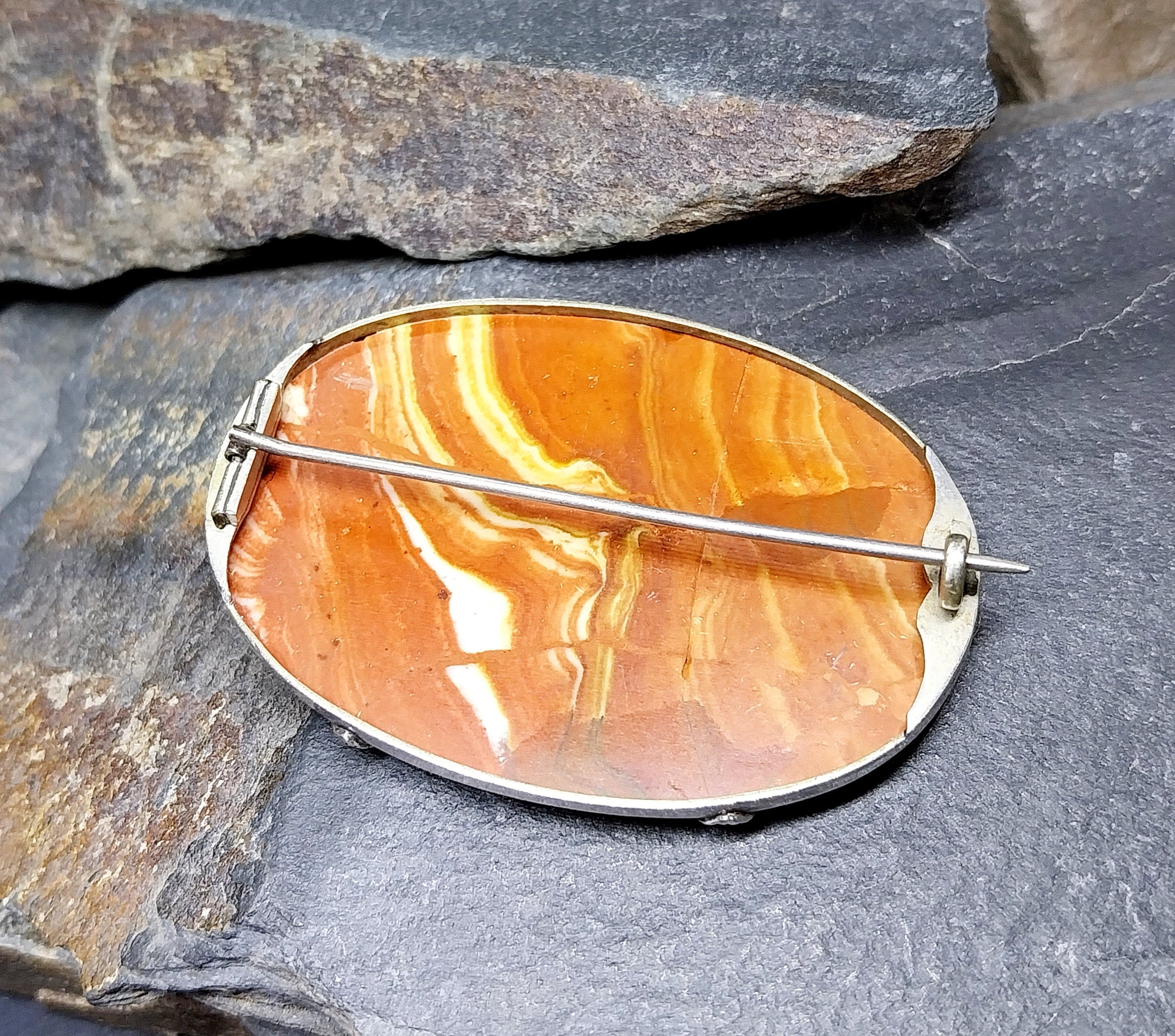 Large Antique Silver Bright Orange Landscape Agate Brooch - 14.9g