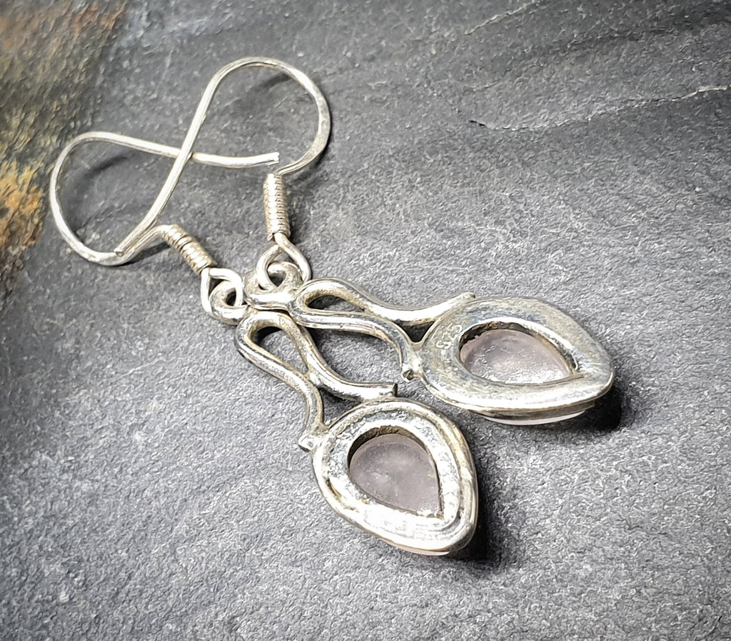 Vintage Sterling Silver Rose Quartz EARRINGS - Long Dangling  - 3.5g