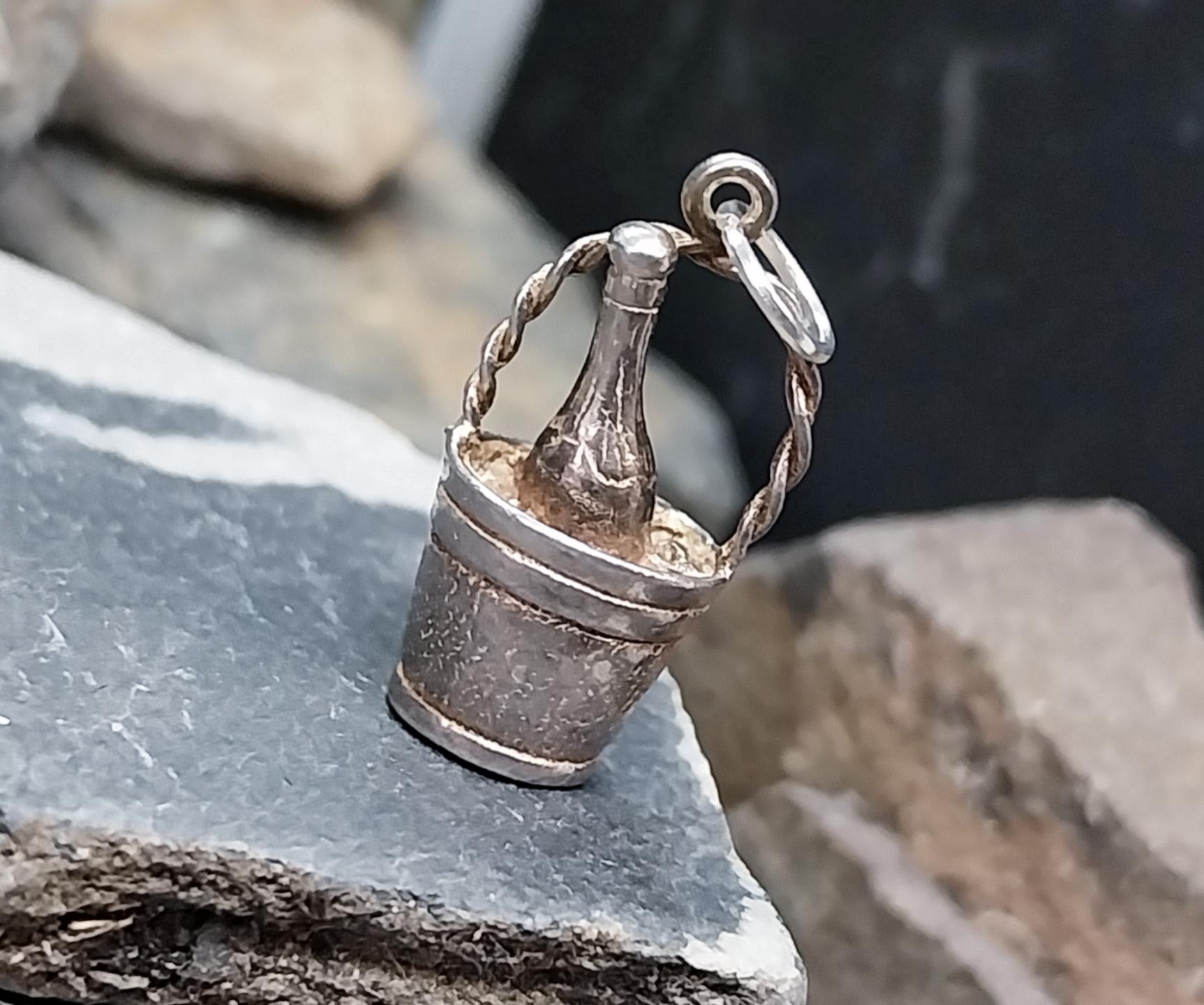 Vintage Silver CHAMPAGNE BOTTLE in bucket Charm or Pendant - 3.3g