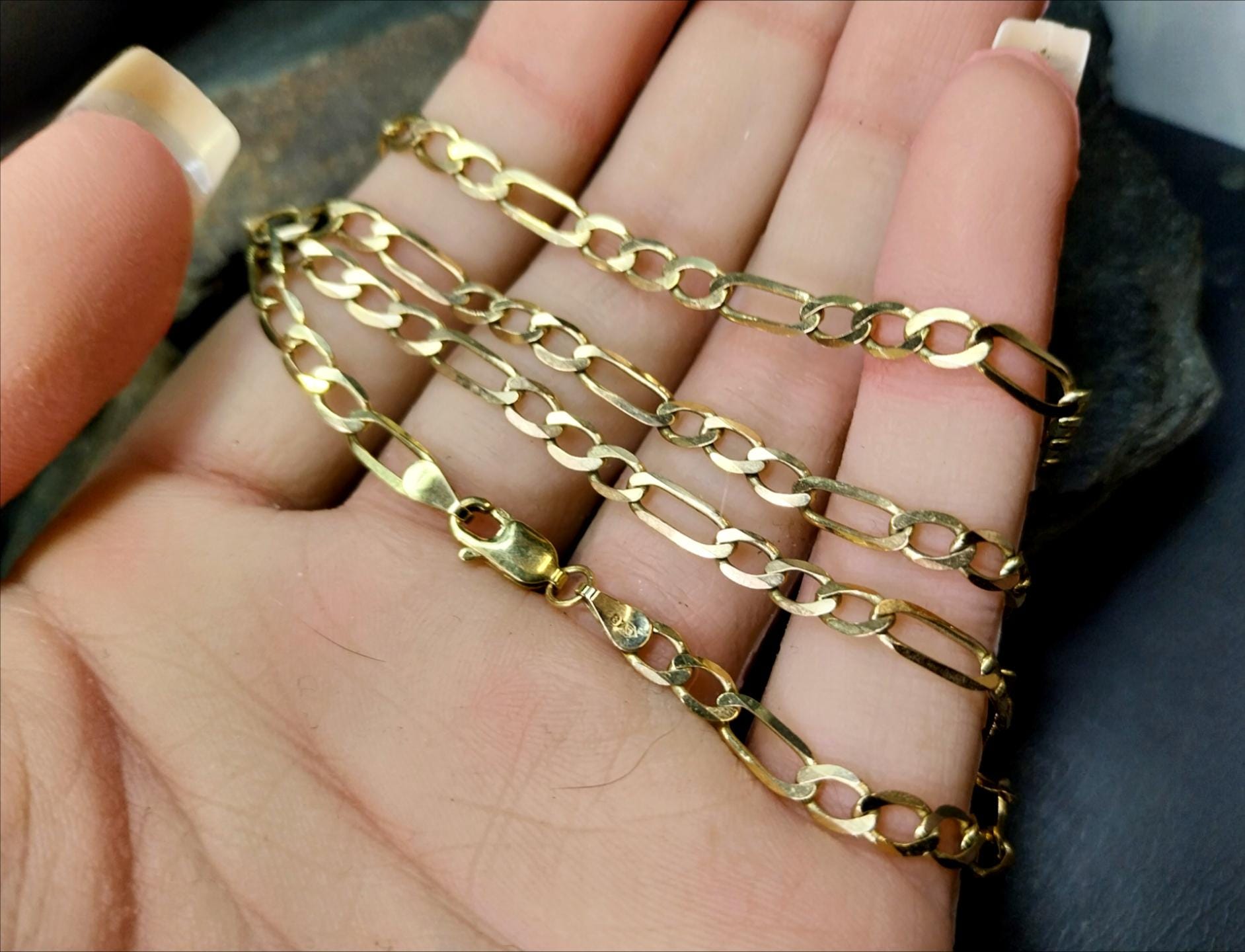 Vintage 9ct GOLD FIGARO Flat Curb CHAIN Necklace - 18" - 6.5g