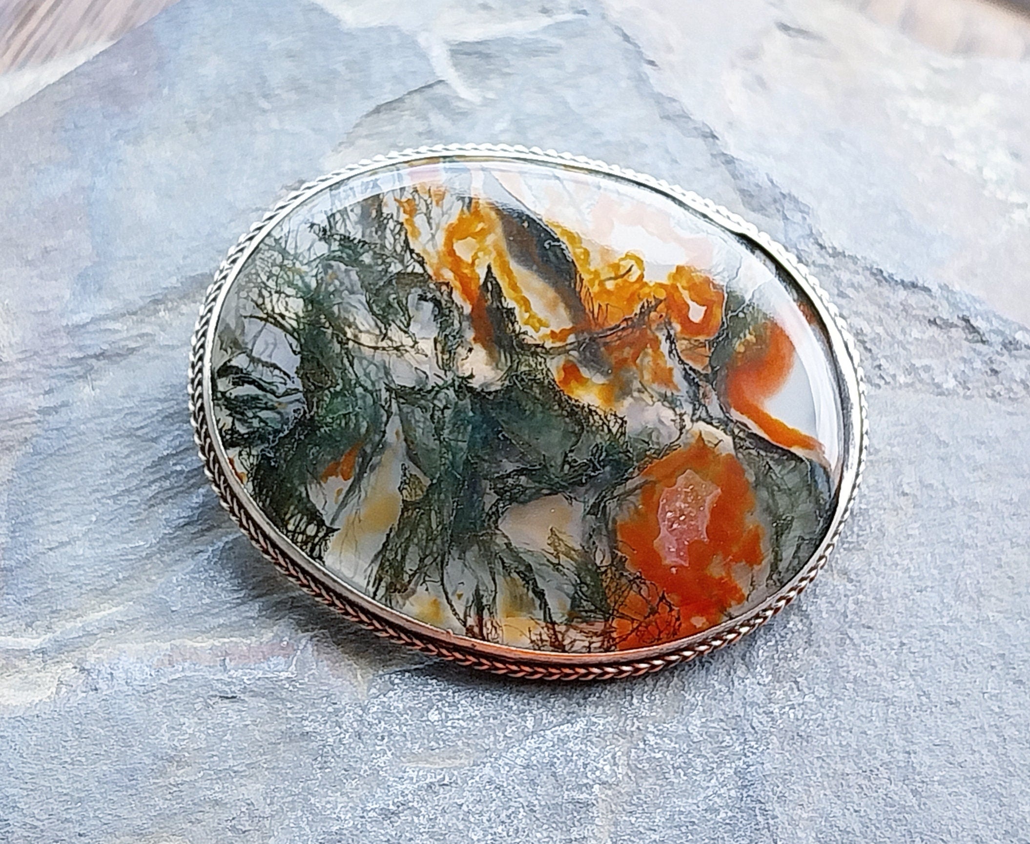 Vintage Sterling Silver Moss Agate Brooch - Vibrant Dendritic Gemstone  - 6.7g
