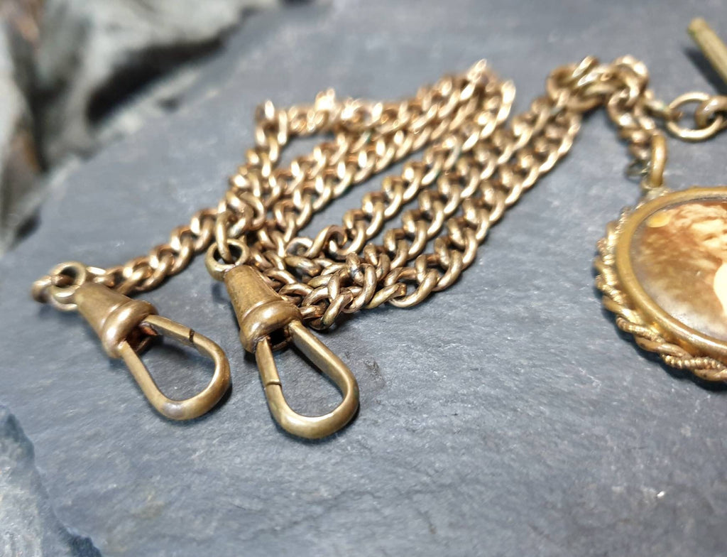 Antique Dog Clip Chain with Photo Locket Fob and T Bar - Pinchbeck 16"  - 25.9g