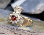 9ct GOLD CLADDAGH Ring with Red Garnet GemStones - Size uk L (5.5) - 2.1g