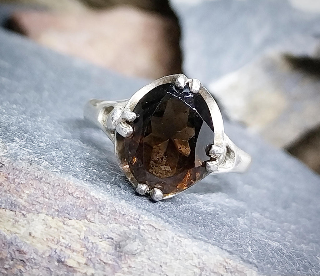 Vintage SILVER RING with Smoky Quartz - uk size L (us 5.75) - 2.2g