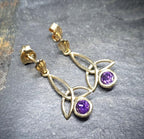 9ct GOLD CELTIC Amethyst Drop EARRINGS - 1.1g