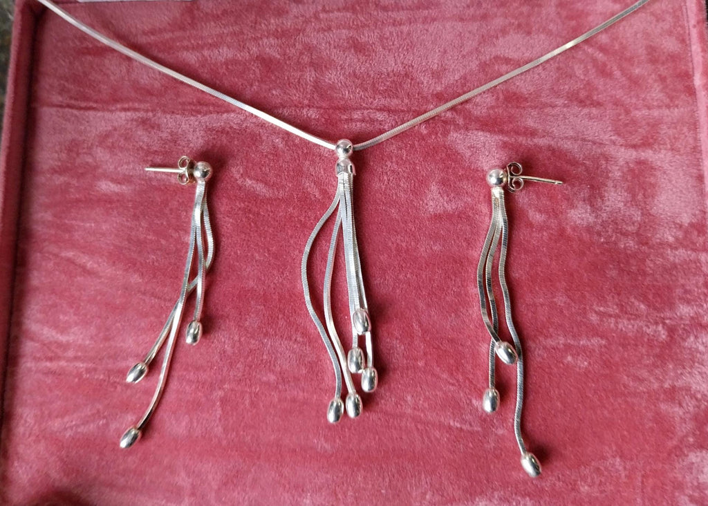 French STERLING SILVER Necklace and Matching Earrings Gift Set - Multi Strand - 10.1g