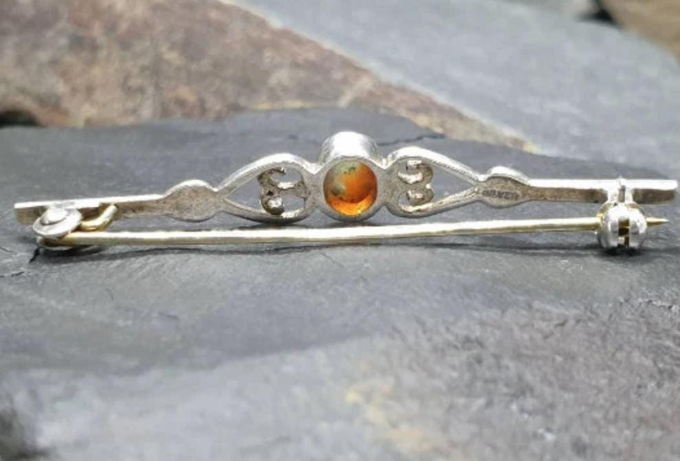 Vintage SILVER Moss Agate Bar Brooch - Sterling Silver - 3g
