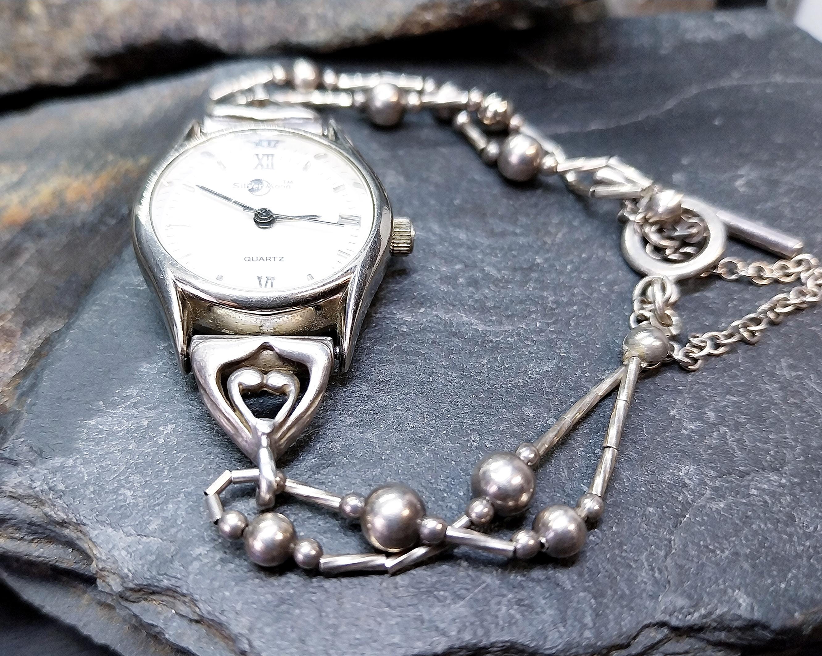 Vintage Sterling Silver Silver Moon WATCH - Bead Link bracelet Strap 18cm - 17.7g