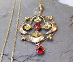 Edwardian 9ct Rose GOLD Red Gemstone Drop Pendant Necklace 20" Chain - 2.6g