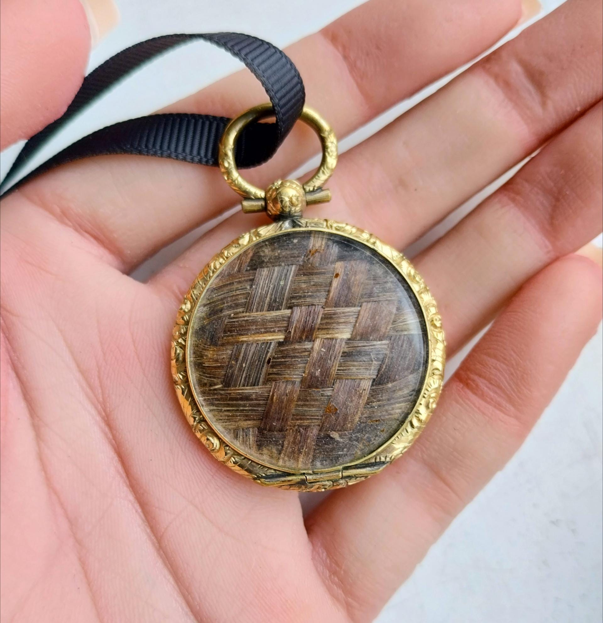 Antique Rolled GOLD MOURNING LOCKET Fob - Braided Hair, Memento Mori - 12.7g
