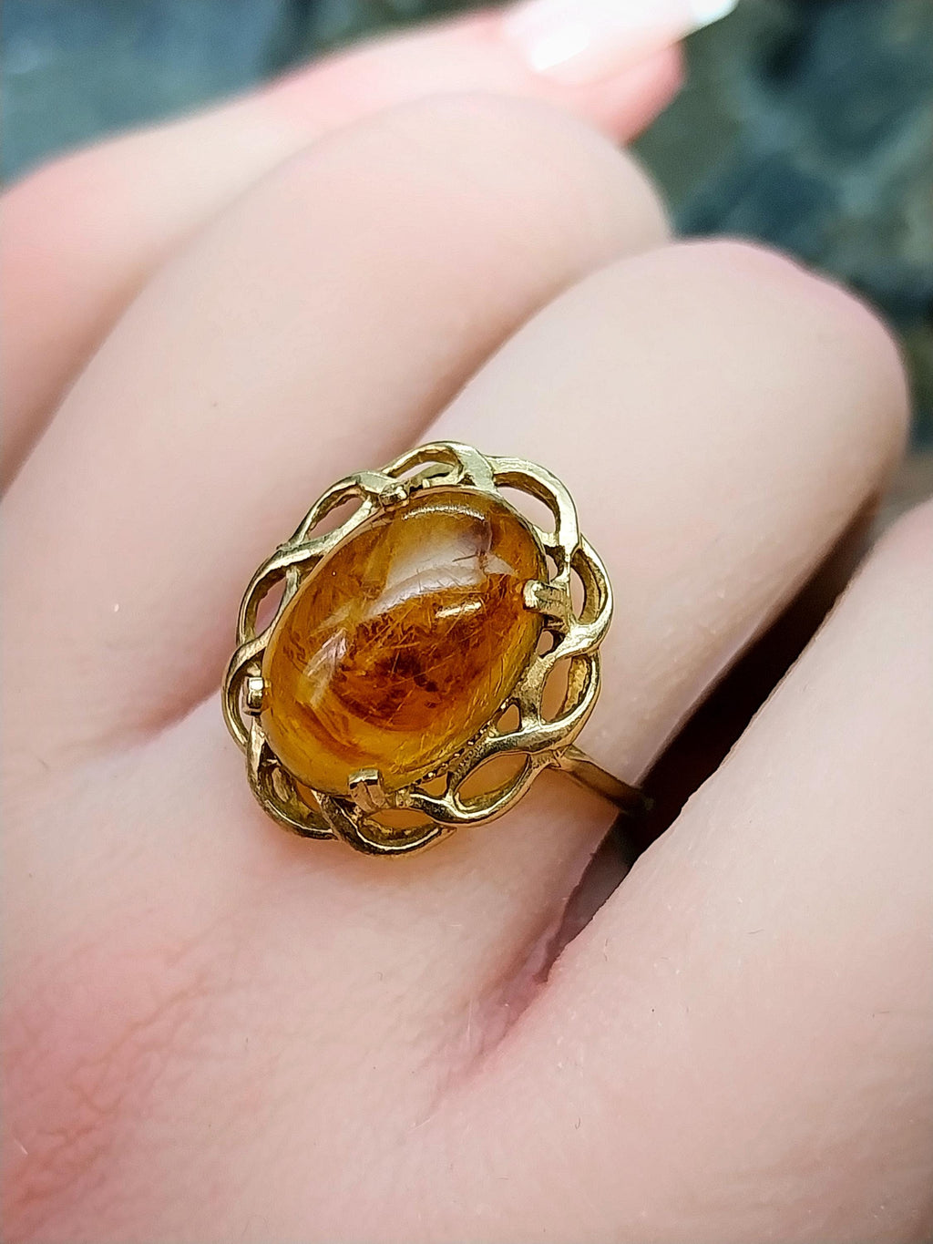 Vintage 9ct GOLD FIRE AMBER Ring - Size uk Q (us 8) - 2.5g