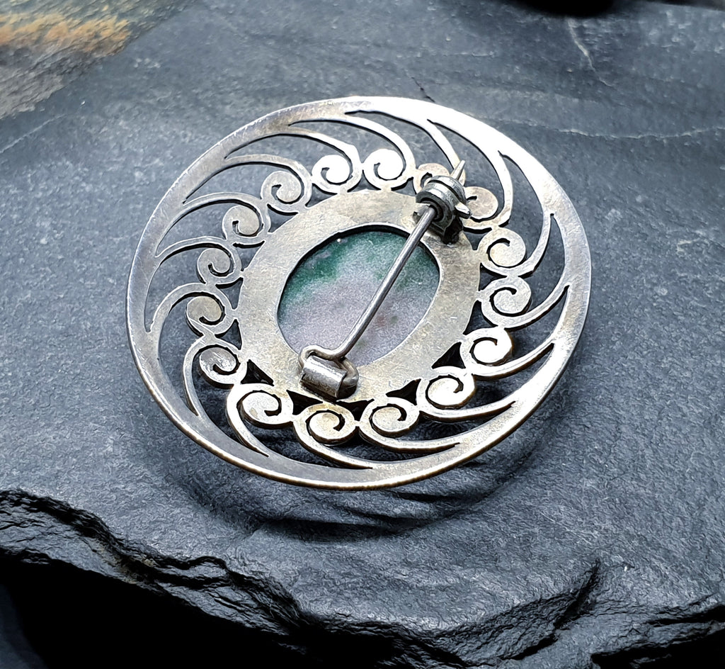 Large Sterling Silver Moss Agate Silver Brooch - 11.1g