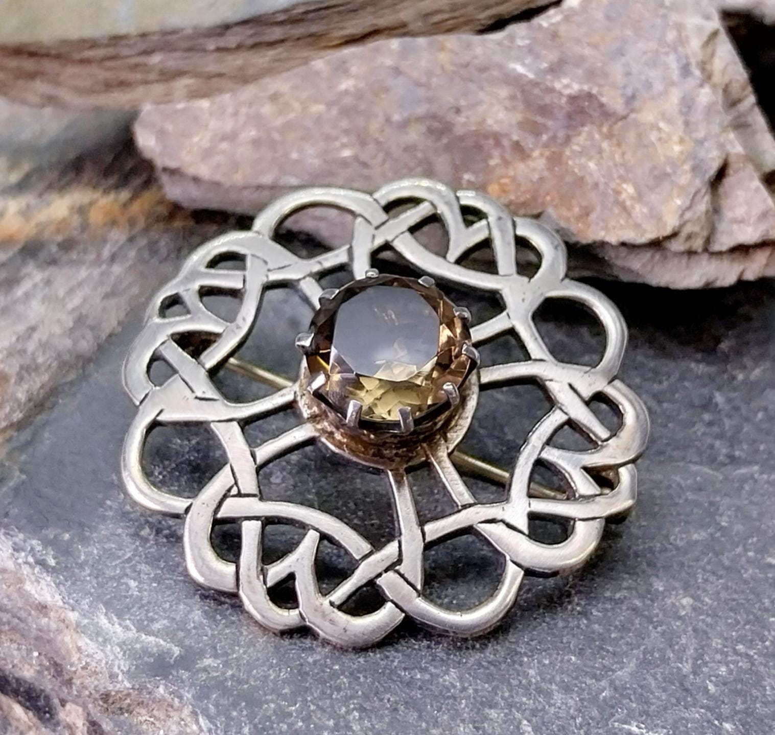 Vintage Smokey Quartz Brooch - Celtic Shawl Pin - 8.1g