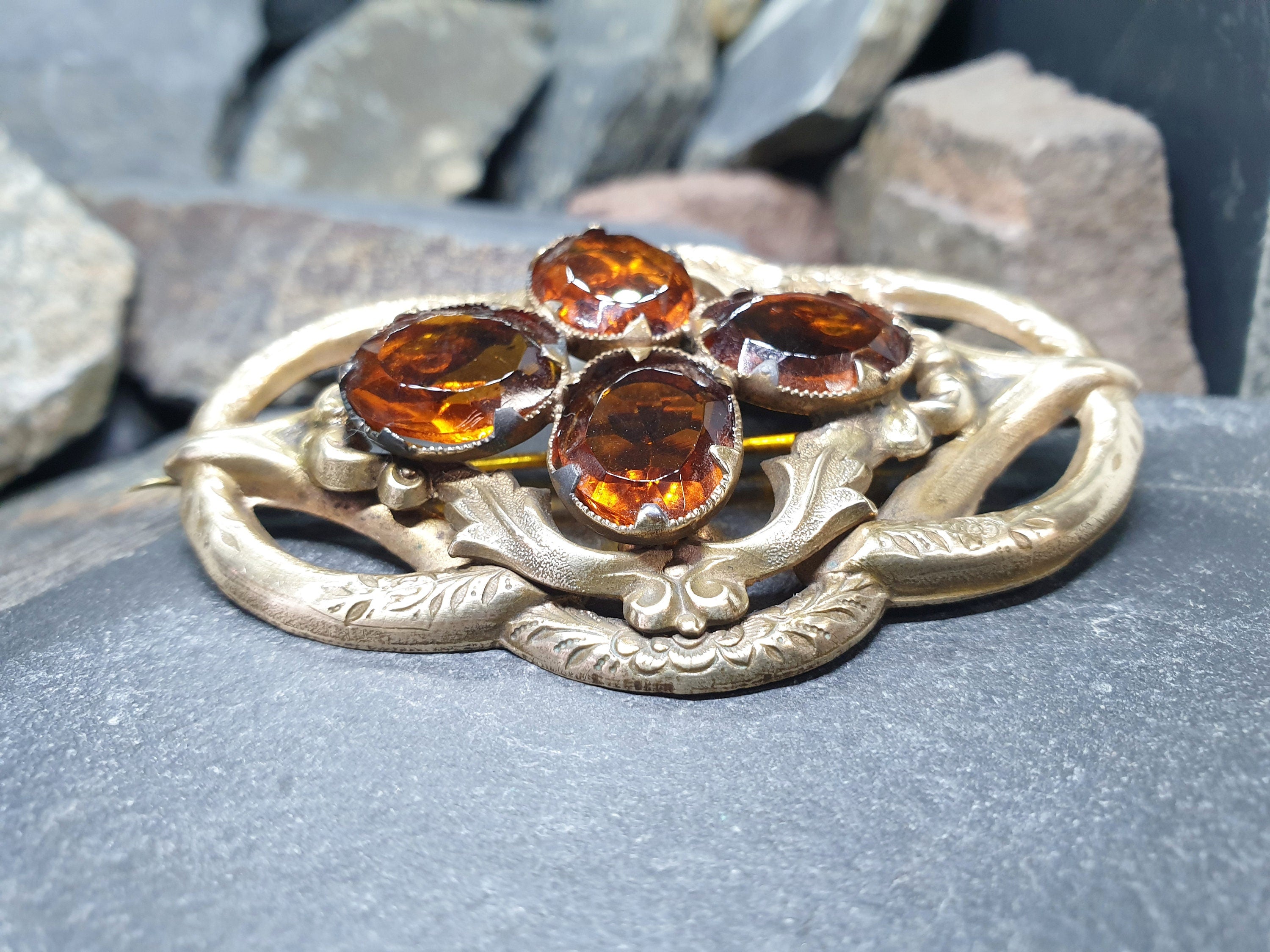 Large Antique VICTORIAN Lovers Knot BROOCH - Brandy Citrine Gemstones 16.7g