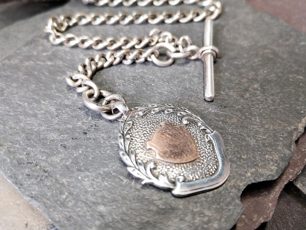 Antique Sterling Silver Albert Watch Chain with T-Bar, Medal Fob and DogClip - 16" - 35.9g