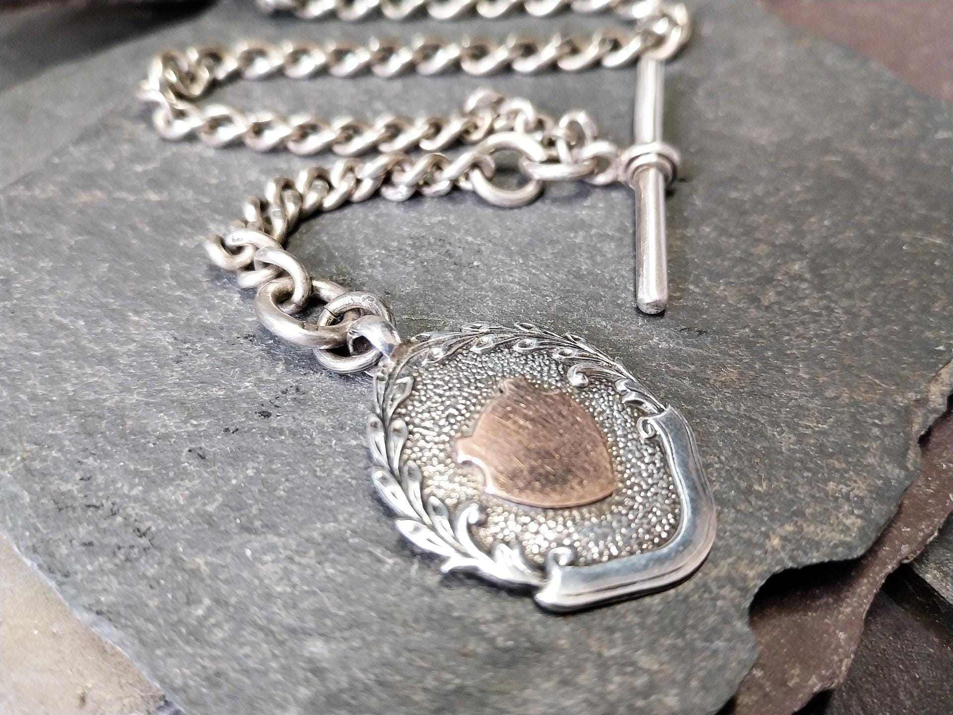 Antique Sterling Silver Albert Watch Chain with T-Bar, Medal Fob and DogClip - 16" - 35.9g