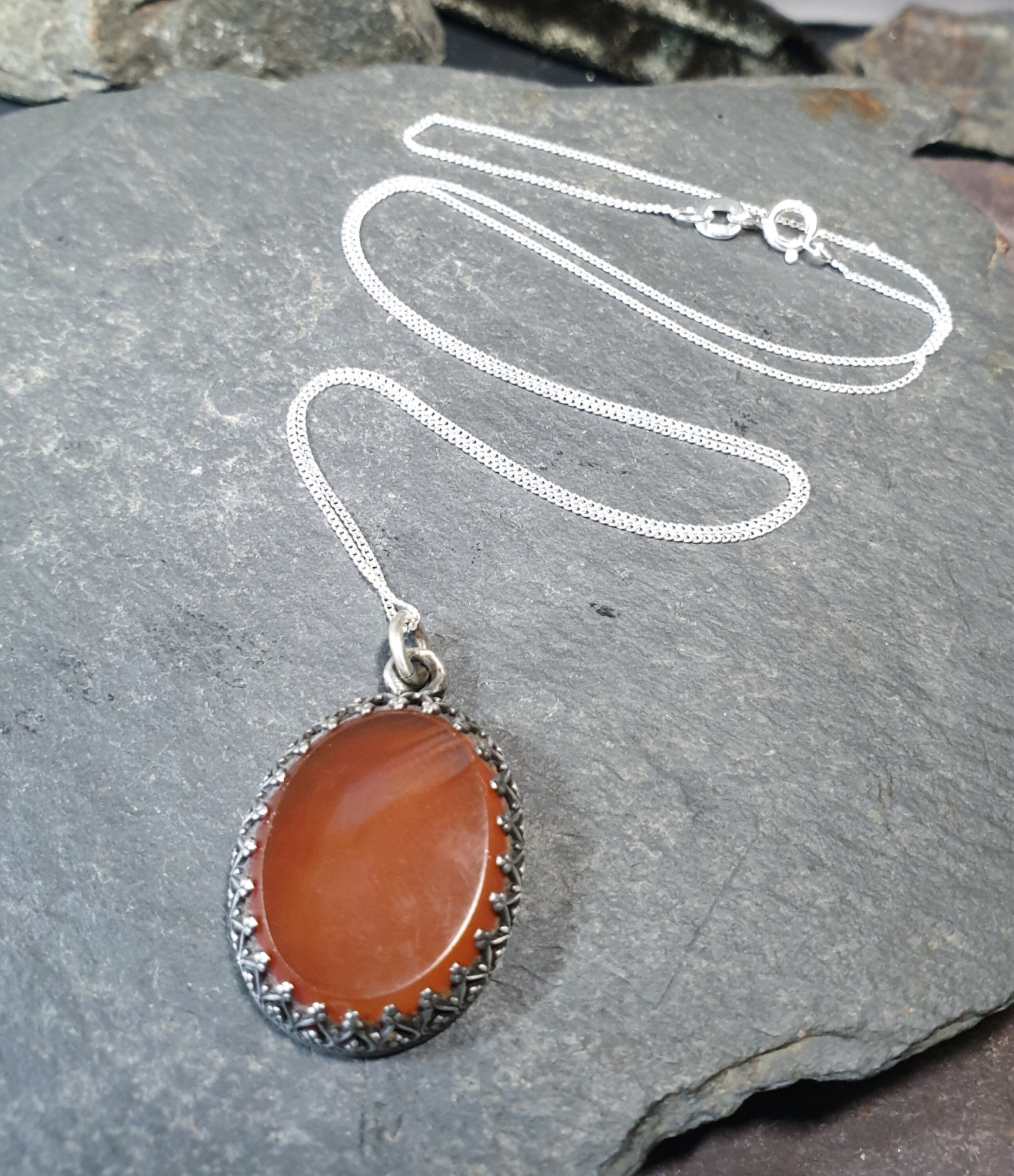 Antique Carnelian Agate  Pendant Necklace  on  20" Chain - 6.9g