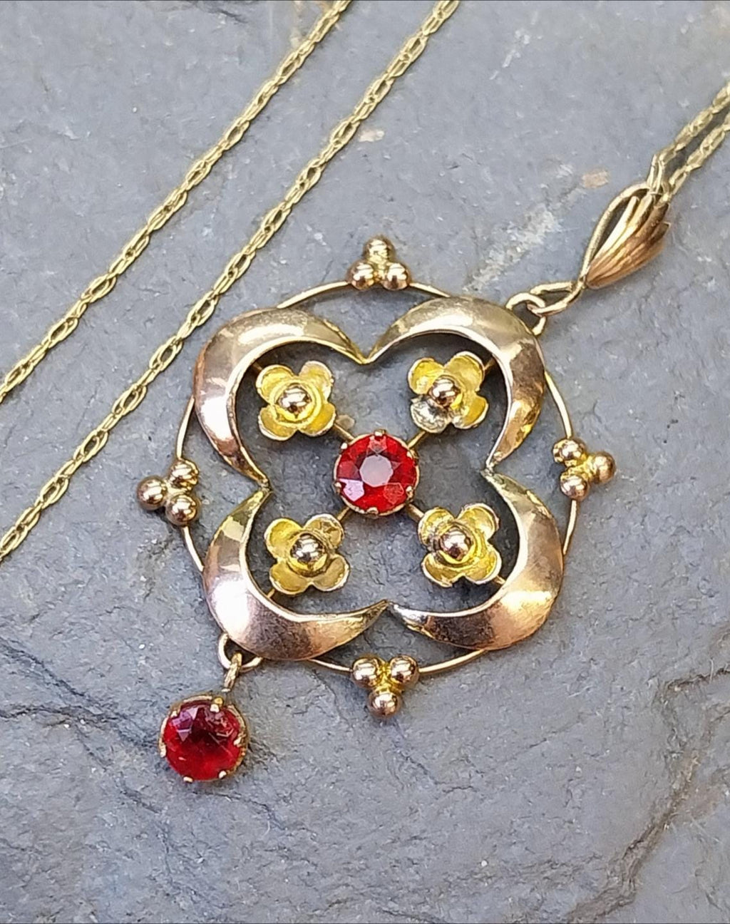 Edwardian 9ct Rose GOLD Red Gemstone Drop Pendant Necklace 20" Chain - 2.6g