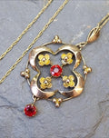 Edwardian 9ct Rose GOLD Red Gemstone Drop Pendant Necklace 20" Chain - 2.6g