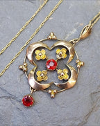 Edwardian 9ct Rose GOLD Red Gemstone Drop Pendant Necklace 20" Chain - 2.6g