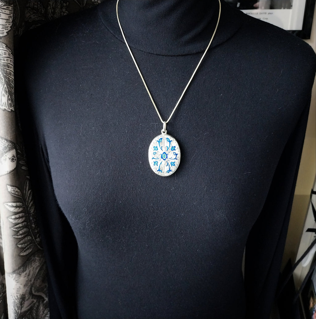 Large Locket Necklace by Danish Echri Cameer, Blue Enamel on 20" chain - 19.7g