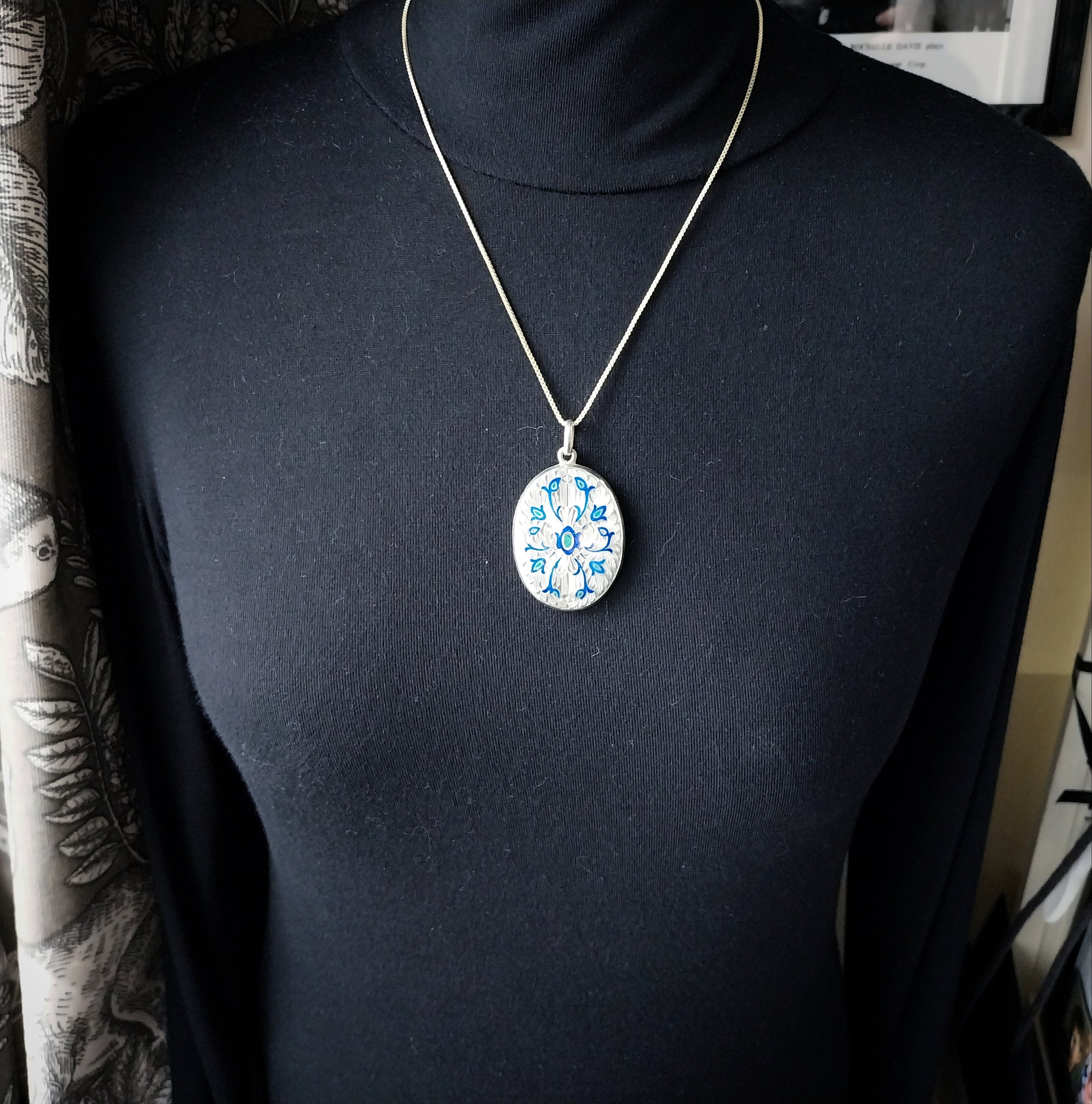 Large Locket Necklace by Danish Echri Cameer, Blue Enamel on 20" chain - 19.7g