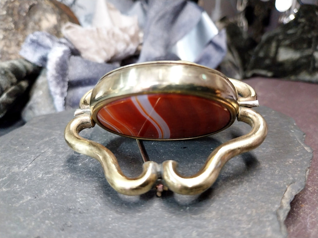 Victorian Large SWIVEL LOCKET BROOCH with Banded Agate & Peacock Panels - 31.5g