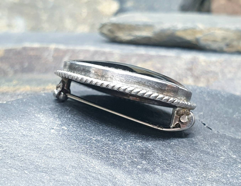 SILVER ONYX BROOCH Pin Victorian Style, Vintage with Jet Black Stone