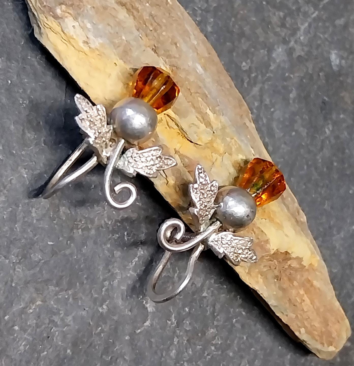 Antique Sterling Silver Carnelian Thistle Earrings - Screw Backs - 3.4g