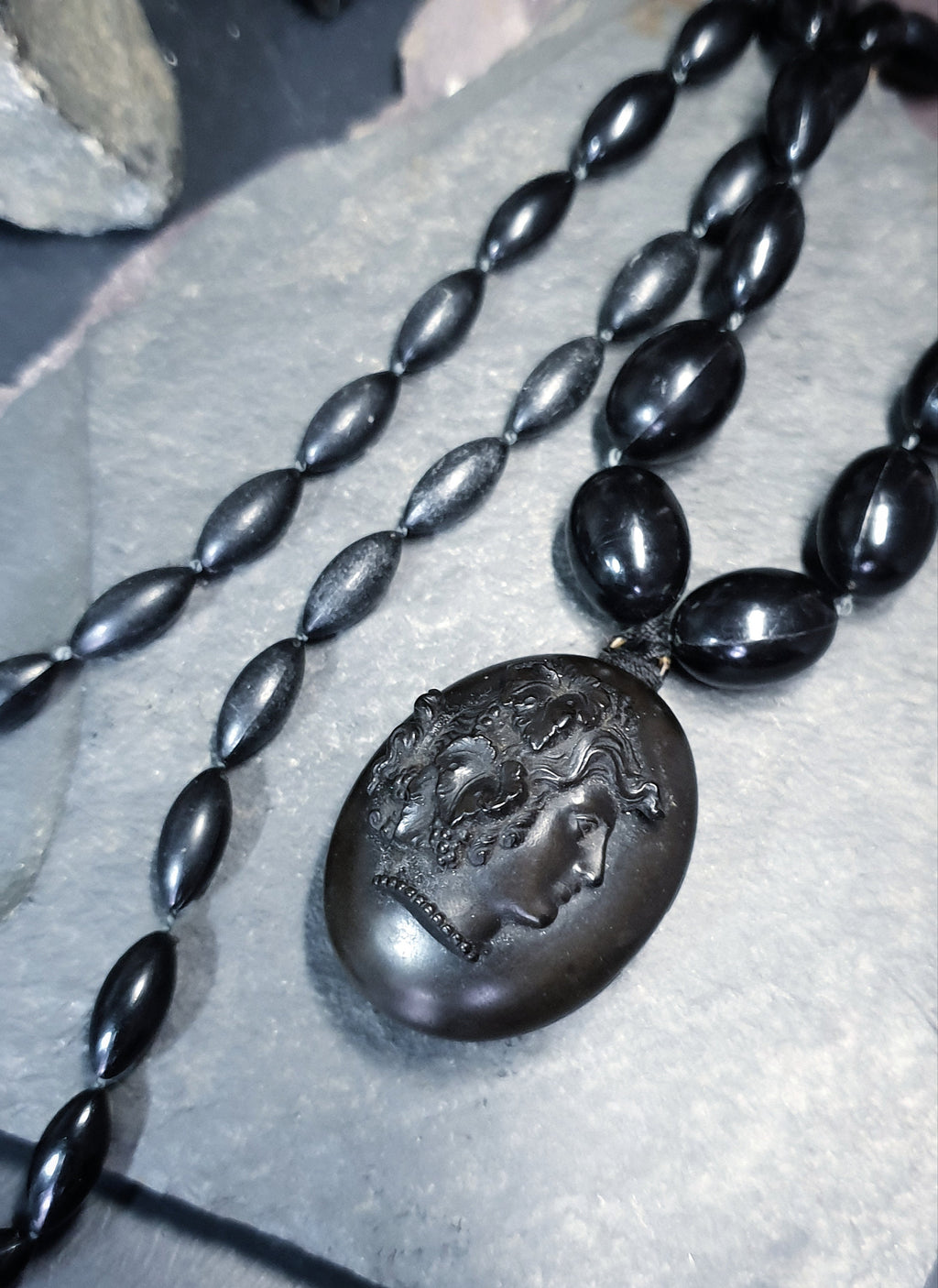 Victorian BOG OAK LOCKET and Bead Necklace with Bacchante Cameo carving