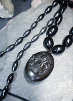 Victorian BOG OAK LOCKET and Bead Necklace with Bacchante Cameo carving