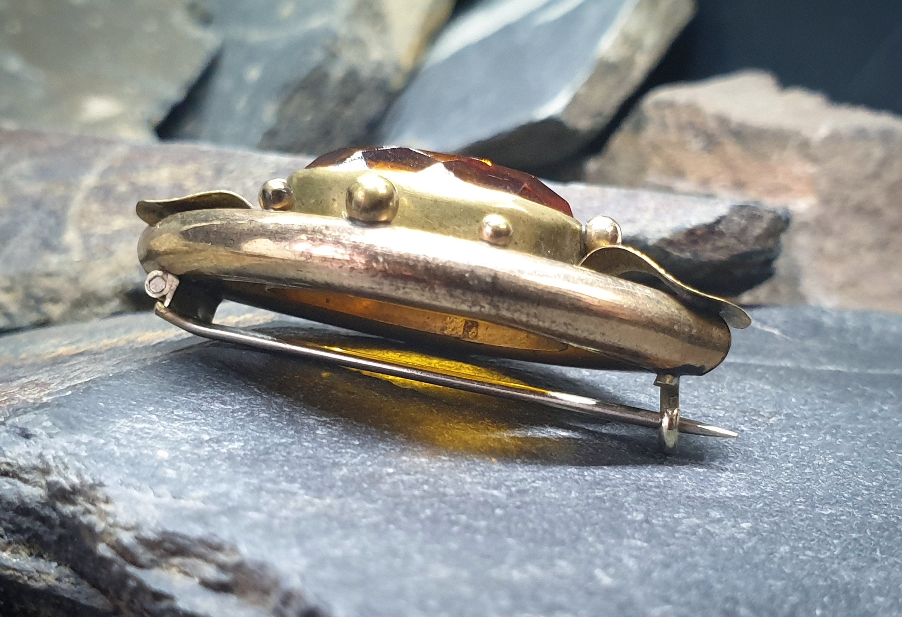 Large Antique VICTORIAN BROOCH - Citrine Coloured Gemstone 12.8g