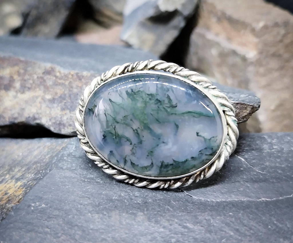 Vintage Silver Natural Green Moss Agate Brooch - 8.8g